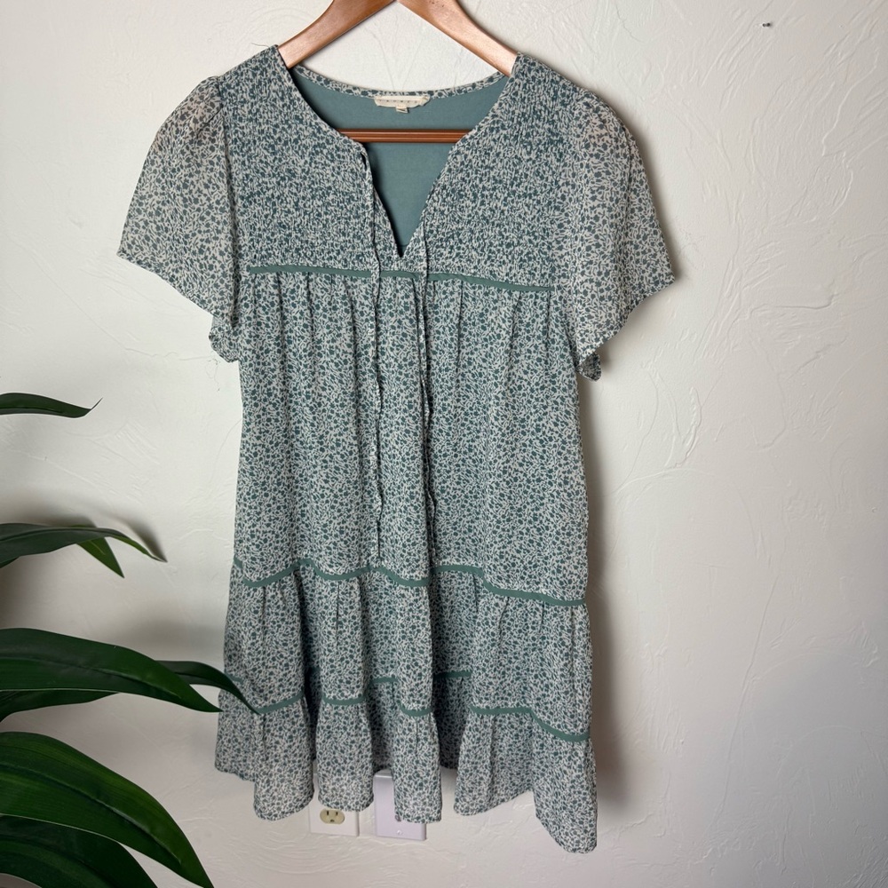 Promesa Blue & Sage Floral Smocked Tiered Mini Dress – Size Small